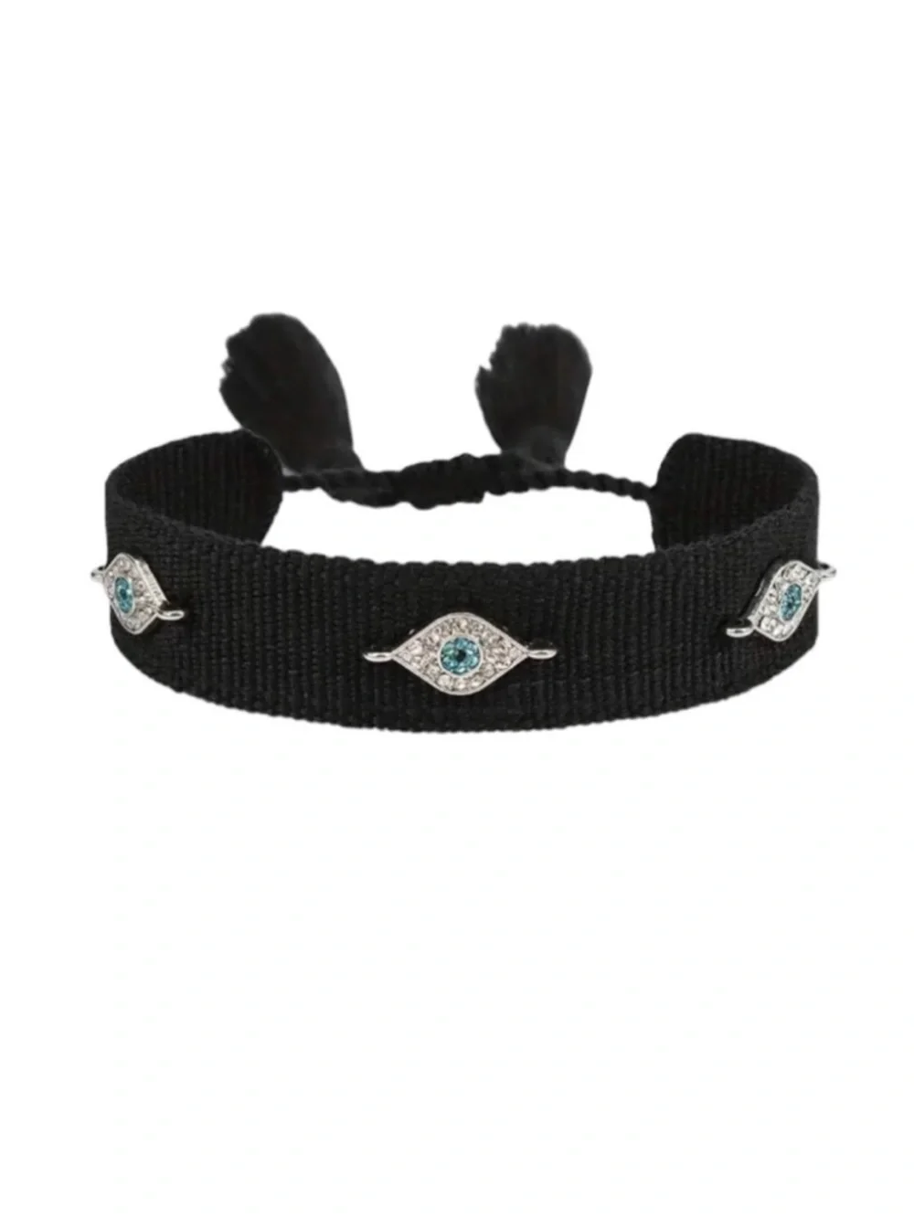 Black Woven Tassel Rhinestone Evil Eye Friendship Bracelet NEW